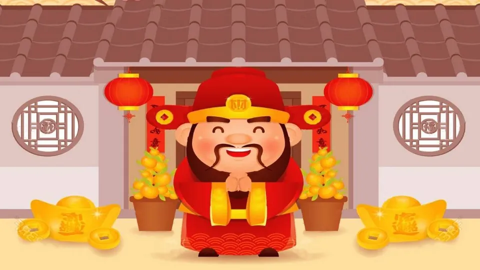 Hình nền máy tính chủ đề tài lộc với hình ảnh Thần Tài và đồng tiền vàng may mắn