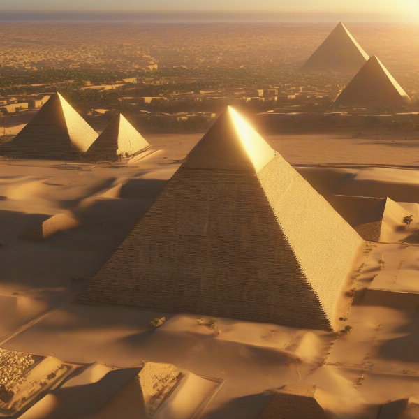 Đại kim tự tháp Giza sừng sững giữa sa mạc Ai Cập cổ đại