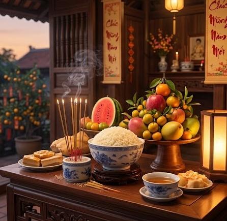 Ảnh mô tả một bàn thờ cúng tất niên truyền thống với lễ vật đầy đủ