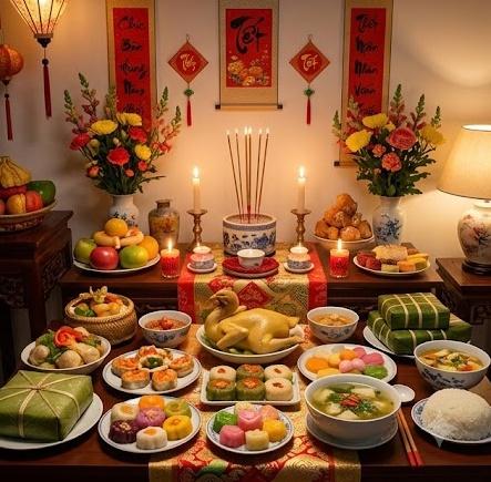Bàn thờ cúng năm mới với ánh nến ấm áp và lễ vật phong phú