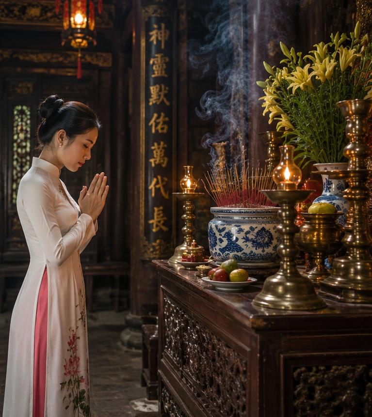 Một người phụ nữ Việt Nam trong trang phục áo dài truyền thống đang thành kính chắp tay trước bàn thờ tại một ngôi đền cổ kính, với ánh nến lung linh và hương khói nghi ngút