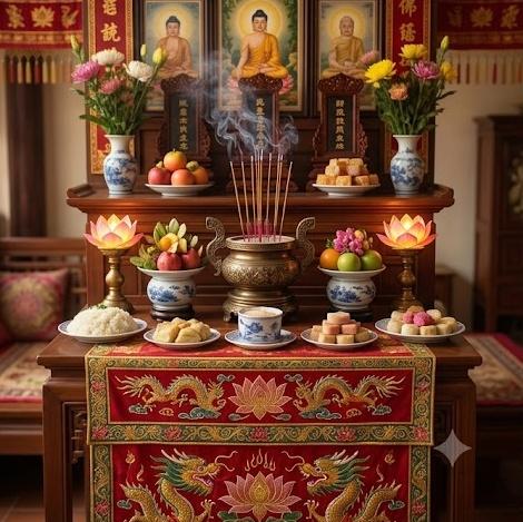 Bàn thờ gia đình chuẩn bị cúng bữa Phật Đản