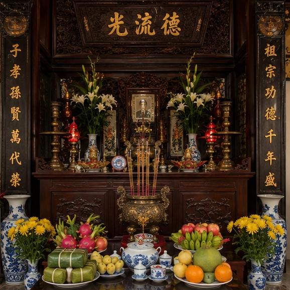 Bàn thờ gia tiên trang trọng với lễ vật và hương khói