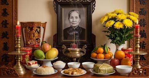 Bàn thờ gia tiên truyền thống với mâm cúng đầy đủ