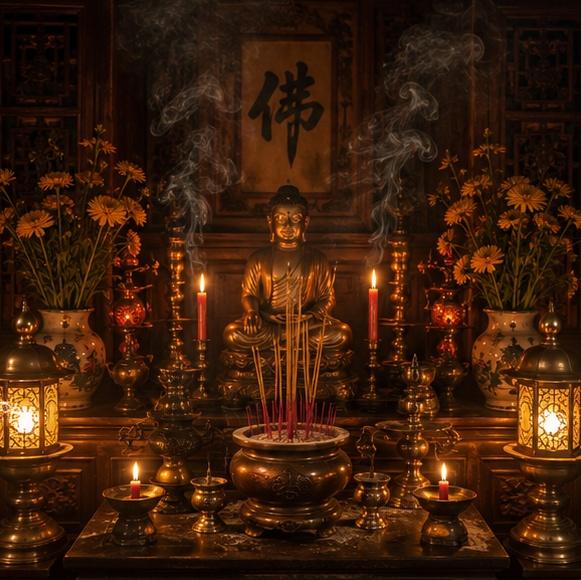 Một bàn thờ Phật hoặc bàn thờ gia tiên được bài trí trang nghiêm, ấm cúng với ánh nến lung linh, hương trầm nghi ngút, toát lên vẻ linh thiêng, cổ kính