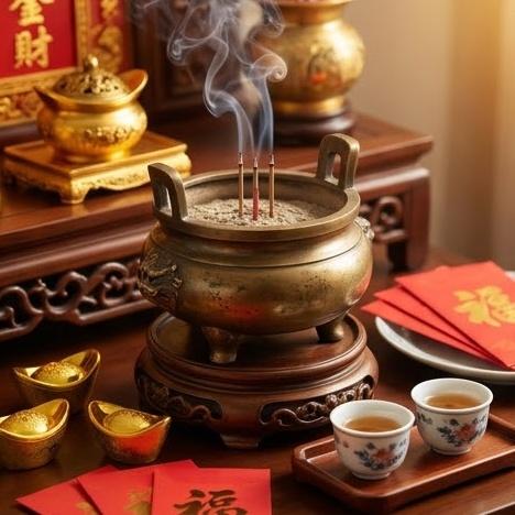 Bát hương Thần Tài đặt tại vị trí trang trọng, thu hút tài lộc