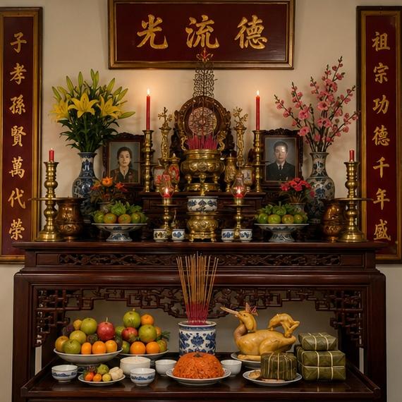 Một bàn thờ cúng được chuẩn bị kỹ lưỡng với đầy đủ lễ vật và hương khói trong một gia đình Việt Nam