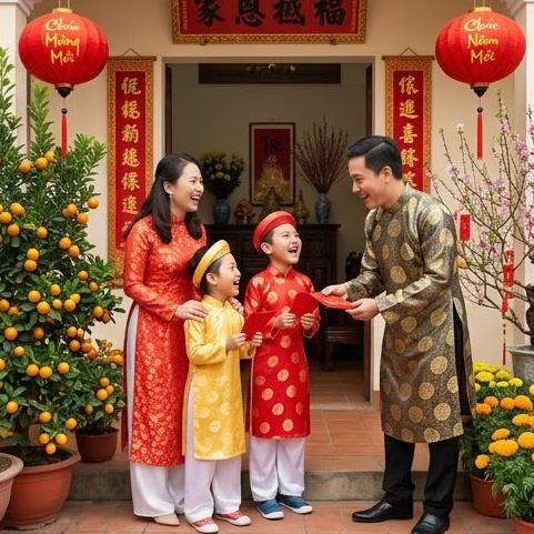 Một gia đình Việt đang chào đón người xông đất đầu năm tại cửa nhà được trang trí rực rỡ