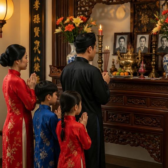 Gia đình Việt thực hiện nghi lễ văn khấn truyền thống
