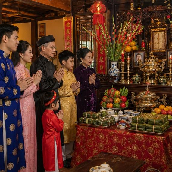 Gia đình Việt quây quần bên bàn thờ trong ngày lễ