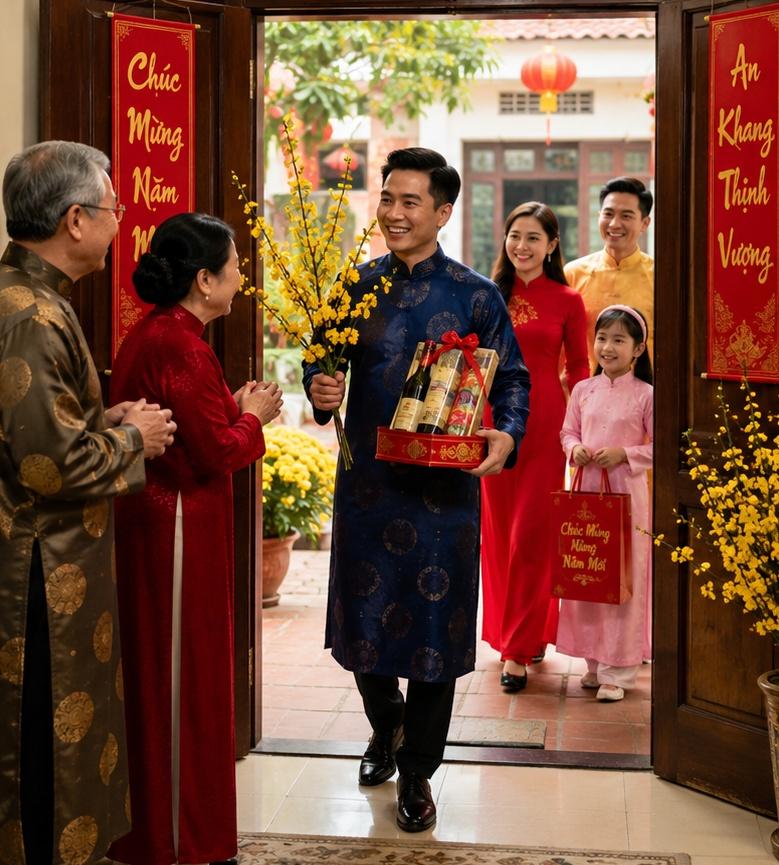Một gia đình Việt đang thực hiện nghi thức xông đất đầu năm với người xông đất bước vào nhà mang theo quà Tết và hoa mai, không khí ấm cúng, truyền thống