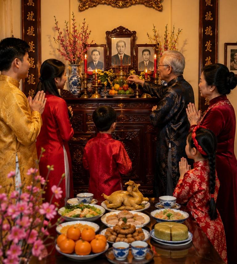 Gia đình quây quần sum họp bên mâm cúng gia tiên ngày Tết