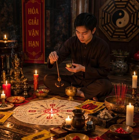 Một người tuổi Tuất đang thực hiện nghi thức hóa giải vận hạn, với nến, hương và các vật phẩm tâm linh xung quanh