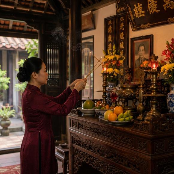 Người phụ nữ Việt Nam thành kính thắp hương trước bàn thờ gia tiên trong một buổi lễ truyền thống