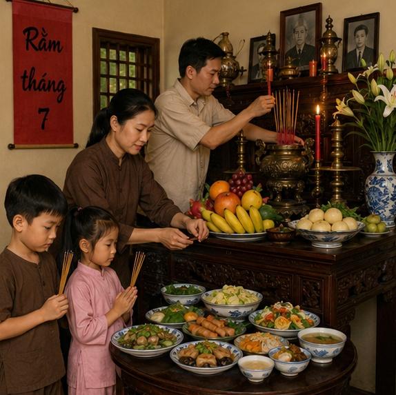 Một gia đình Việt đang chuẩn bị mâm cúng Rằm tháng 7 với không khí trang nghiêm và ấm cúng, có nến, hương, hoa quả, đồ chay trên bàn thờ
