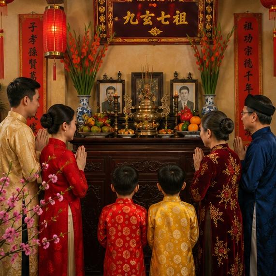 Gia đình sum vầy bên mâm cúng Tất niên