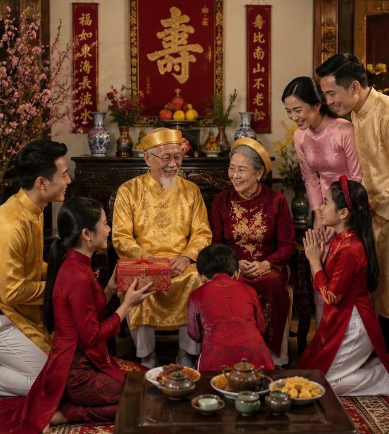 Một gia đình Việt Nam quây quần ấm cúng trong lễ mừng thọ, ông bà mặc áo dài truyền thống, con cháu trao quà và chúc phúc, không khí vui vẻ và trang trọng, nội thất phong cách truyền thống Việt Nam, ánh sáng ấm áp, chân thực