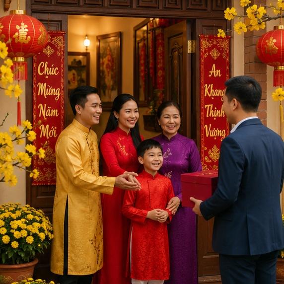 Gia đình chào đón khách xông đất đầu năm với nụ cười rạng rỡ