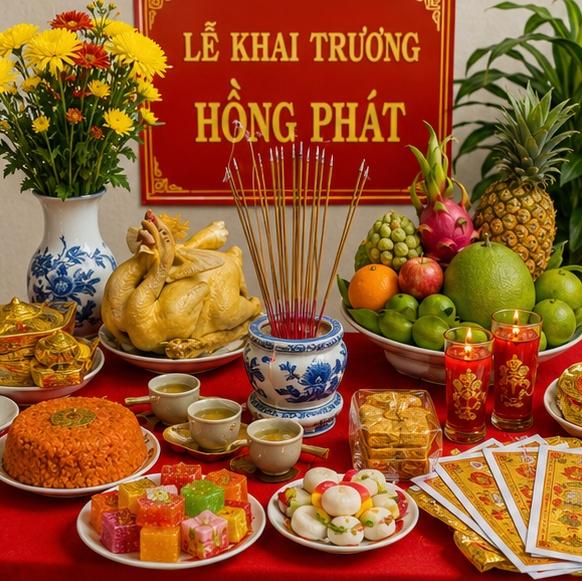 Mâm lễ vật cúng khai trương đầy đủ và trang trọng