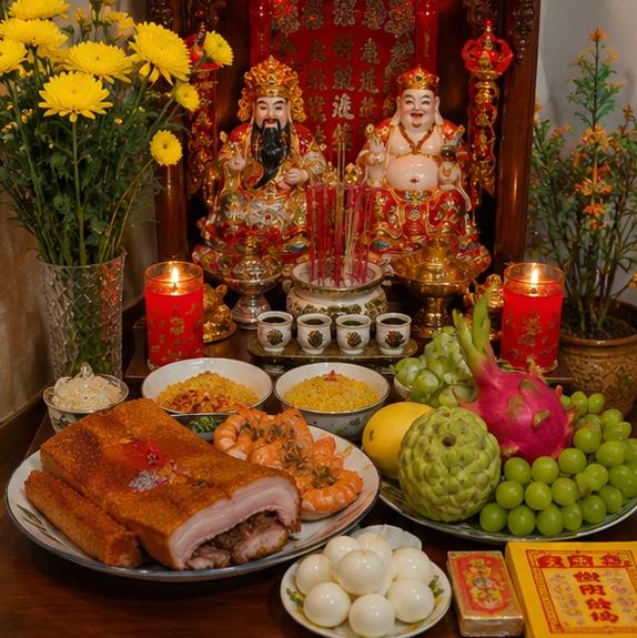 Mâm lễ vật cúng Thần Tài – Ông Địa đầy đủ và trang trọng