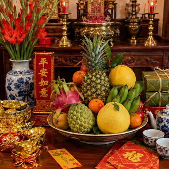 Mâm lễ vật xông đất với các vật phẩm mang ý nghĩa Phong Thủy