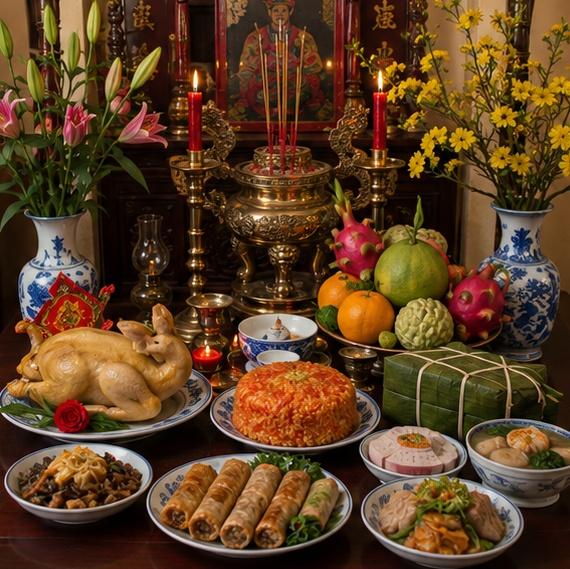 Mâm cúng Tất niên truyền thống tươm tất, trang trọng