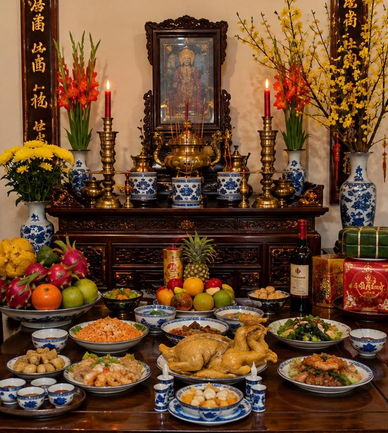 Mâm lễ cúng gia tiên chuẩn bị tươm tất