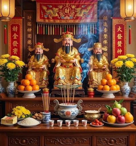 Bàn thờ Thần Tài trang trọng trong ngày Vía
