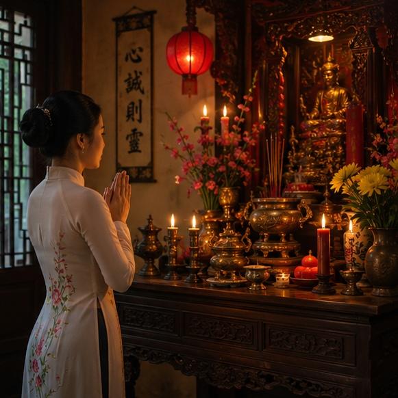 Một người phụ nữ Việt Nam đang thành tâm khấn vái trước bàn thờ tổ tiên hoặc thần linh, trang phục áo dài truyền thống, không gian thanh tịnh