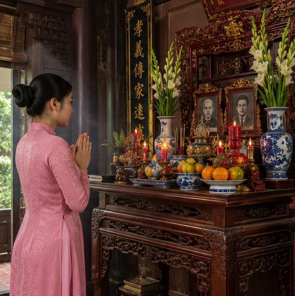 Một người phụ nữ Việt Nam thành kính thực hiện nghi lễ văn khấn trước bàn thờ tổ tiên được trang trí trang nghiêm