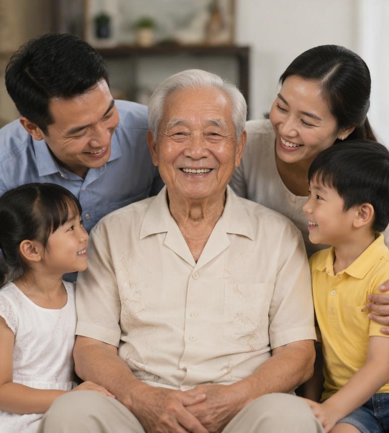 Một cụ ông hoặc cụ bà Việt Nam cao tuổi với nụ cười hiền hậu, ánh mắt rạng ngời, ngồi giữa vòng vây con cháu, thể hiện sự ấm áp, bình an và hạnh phúc trong gia đình, phong cách chân thực, ảnh chụp rõ nét