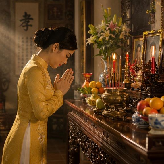 Người phụ nữ Việt Nam thành tâm đọc văn khấn trước bàn thờ