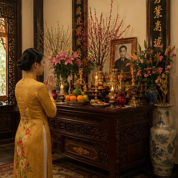 Người phụ nữ thành tâm cầu nguyện trước bàn thờ