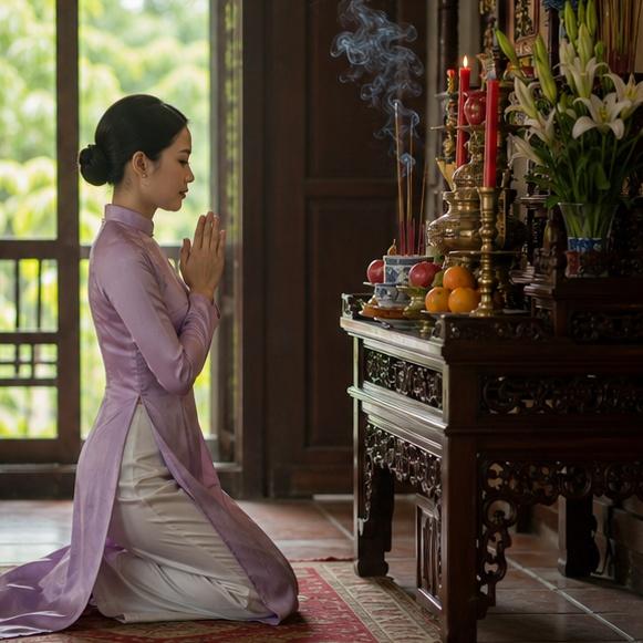Người phụ nữ thành tâm cầu nguyện trước bàn thờ
