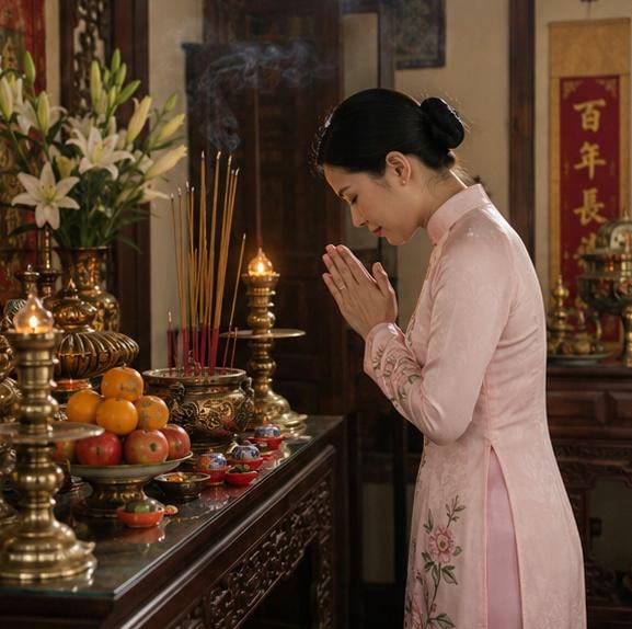 Người phụ nữ thành kính khấn vái trước bàn thờ