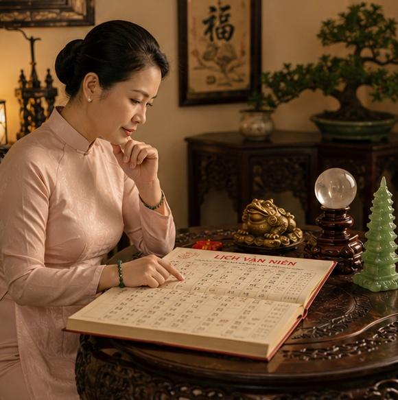Người phụ nữ xem lịch phong thủy để chọn ngày tốt