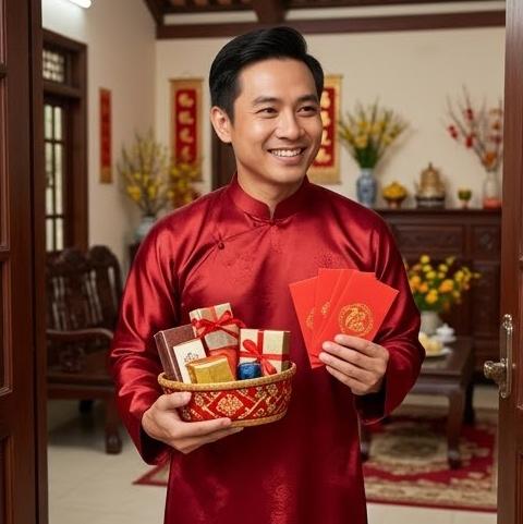 Một người đàn ông mang theo quà và tiền lì xì, tượng trưng cho tài lộc khi xông đất