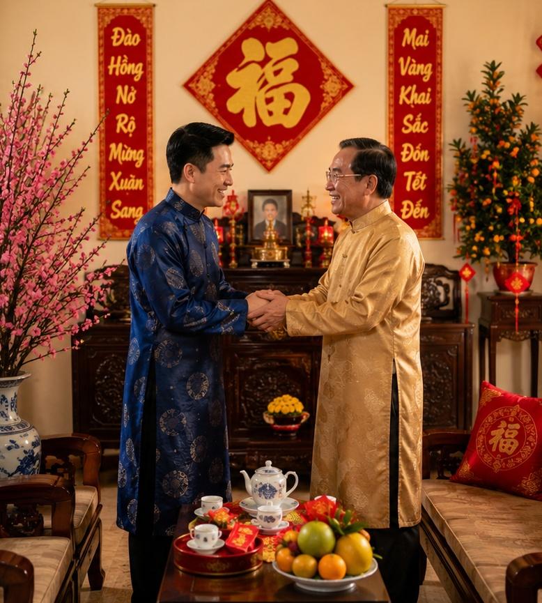 Người xông đất và gia chủ đang trao đổi lời chúc tết trong phòng khách được trang trí Tết ấm cúng, có hoa đào và câu đối đỏ