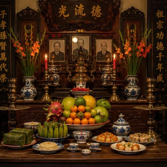 Một bàn thờ tổ tiên truyền thống của Việt Nam với mâm cúng đầy đặn, nến, hương và di ảnh tổ tiên, không gian ấm cúng, cổ kính