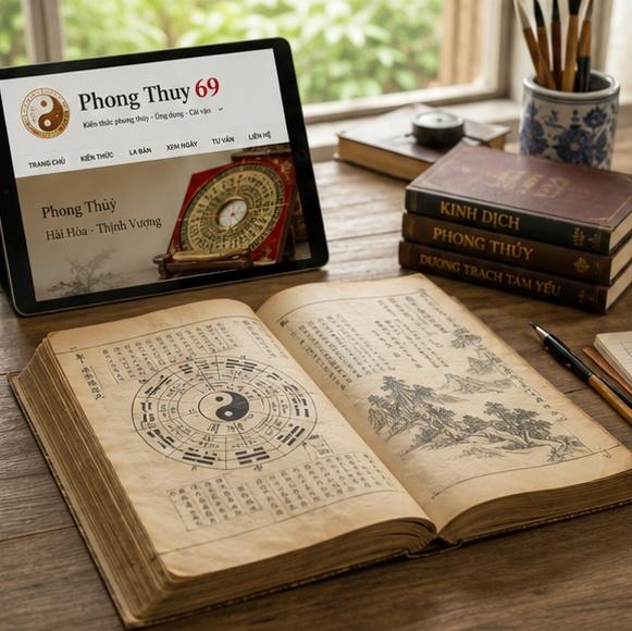 Một cuốn sách cổ mở ra với hình ảnh phong thủy và văn khấn, bên cạnh là máy tính bảng hiển thị trang web "Phong Thủy 69", không gian làm việc hiện đại, chuyên nghiệp, ánh sáng tự nhiên