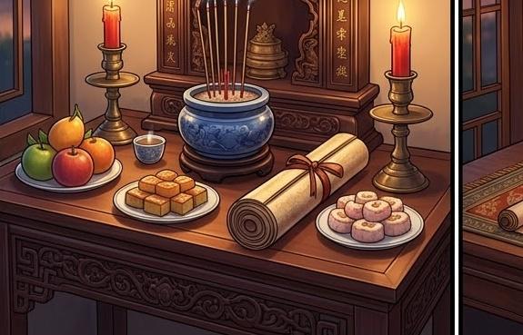 Bàn thờ La Hầu truyền thống với văn khấn, nến và hương