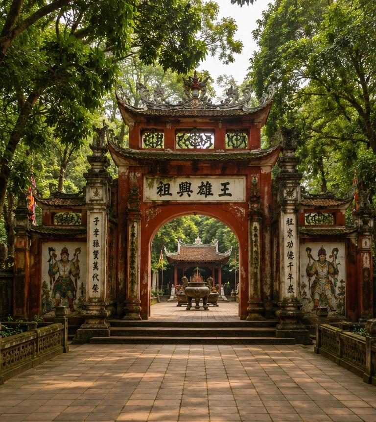 Một khung cảnh yên bình tại Đền Hùng với kiến trúc cổ kính và những tán cây xanh mát, thể hiện sự linh thiêng và trang trọng của nơi thờ tự