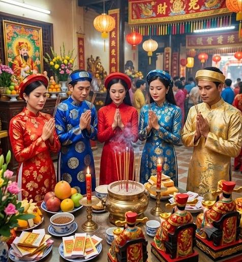Người dân thực hiện văn khấn ngày Vía Thần Tài trước bàn thờ trang nghiêm
