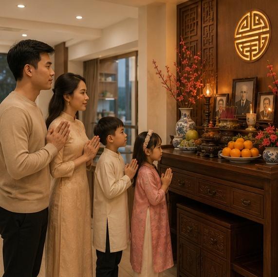 Một gia đình Việt Nam trẻ tuổi cùng nhau thực hiện nghi lễ cúng bái tại bàn thờ gia tiên hiện đại, ánh sáng ấm áp, không gian ấm cúng, thể hiện sự tiếp nối truyền thống trong bối cảnh đương đại
