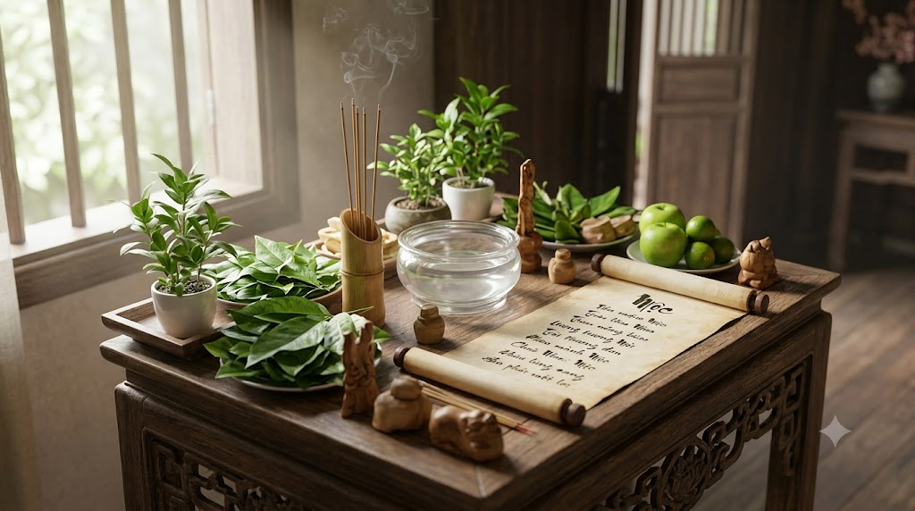 Bàn thờ cúng Mộc với lá xanh và chén nước trong suốt