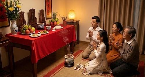 Hình minh họa một gia đình đang thực hiện văn khấn thi cử trước bàn thờ