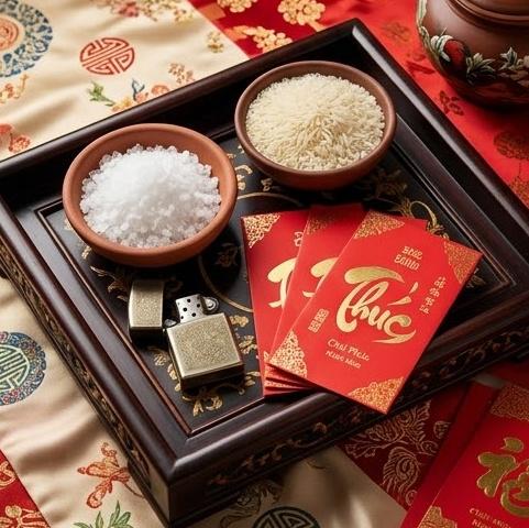 Các vật phẩm phong thủy thường dùng trong lễ xông đất như muối, gạo, bật lửa và tiền lì xì trên một khay trang trí